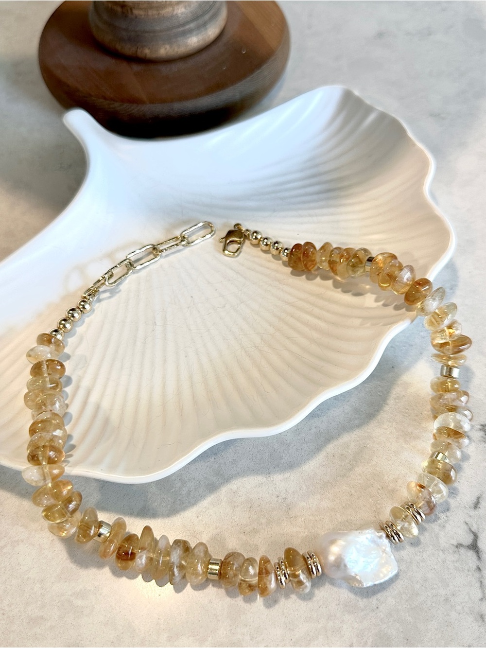 Citrine Heishi Baroque Pearl Necklace Gold Tone Handmade